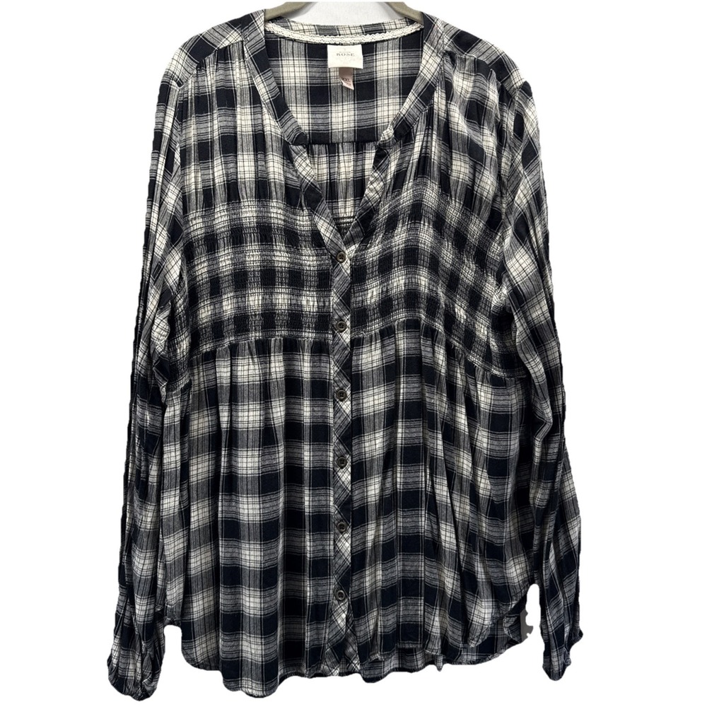 Knox Rose Women's Top Size XXL Black White Smocked V Neck Button Up Long Sleeve